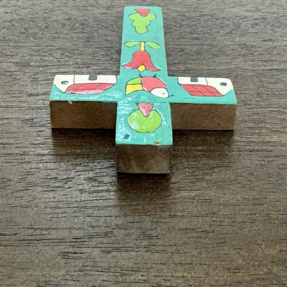 Cross El Salvador Vtg Handmade Turquoise Bird Floral Folk Art Artisan Religious